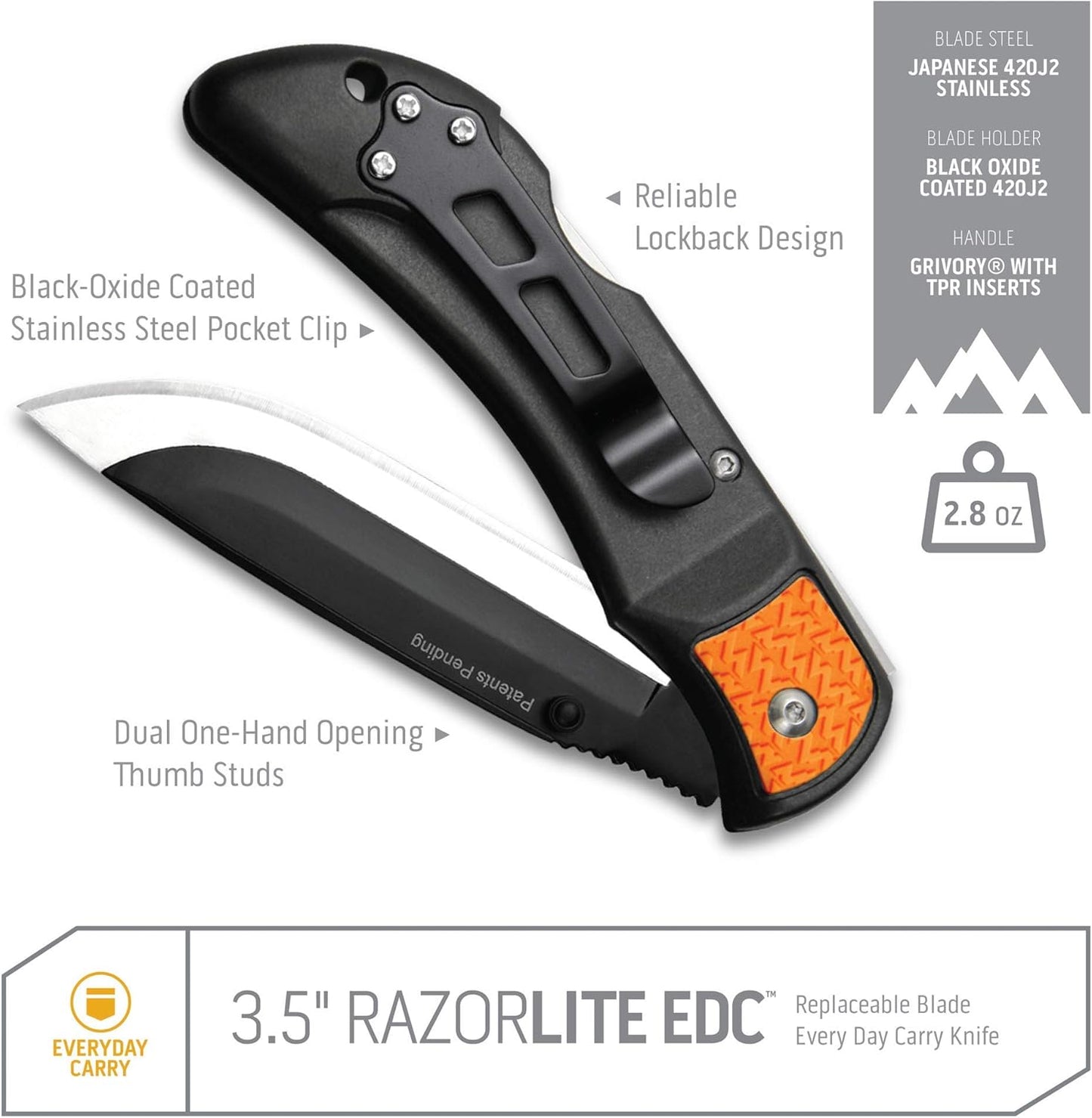 RazorLite EDC Pocket Knife 3.5” - Obsidian Black, Replaceable Blades & Clip for Camping, Hunting, Survival
