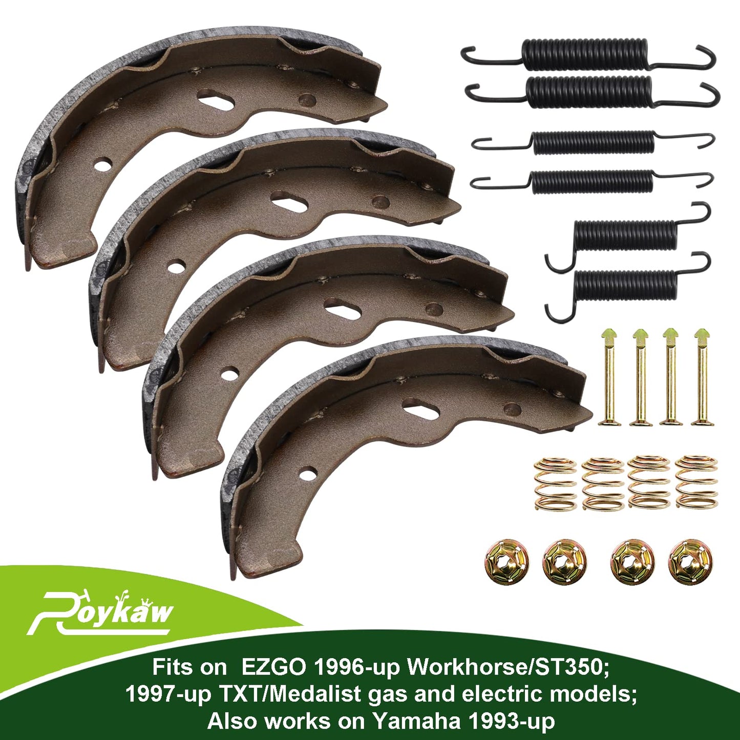 Roykaw Golf Cart Brake Shoes Pads and Springs Kit Compatible with EZGO 1996-Up TXT/ST350/Workhorse and Yamaha 1993-Up G14, G16, G19-G22 Models, Replaces OEM # 27943G01, 70794G01, 70795G01