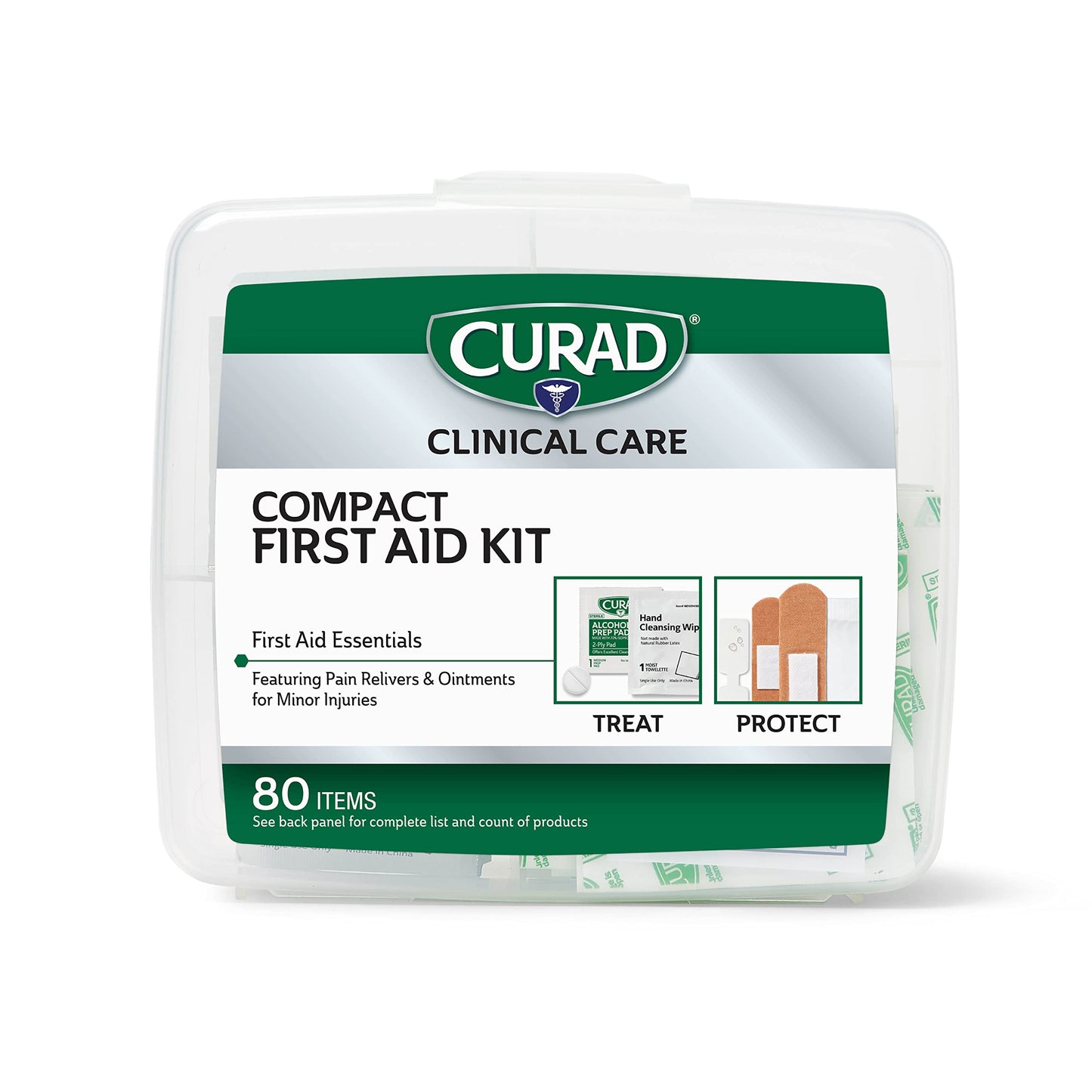 Curad Compact First Aid Kit with Over-The-Counter Medicine, Flex-Fabric and Butterfly Bandages, Antibiotic Ointment, Cleansing Towelettes, Alcohol Prep Pads, Acetaminophen, Carry Case, 80 Count