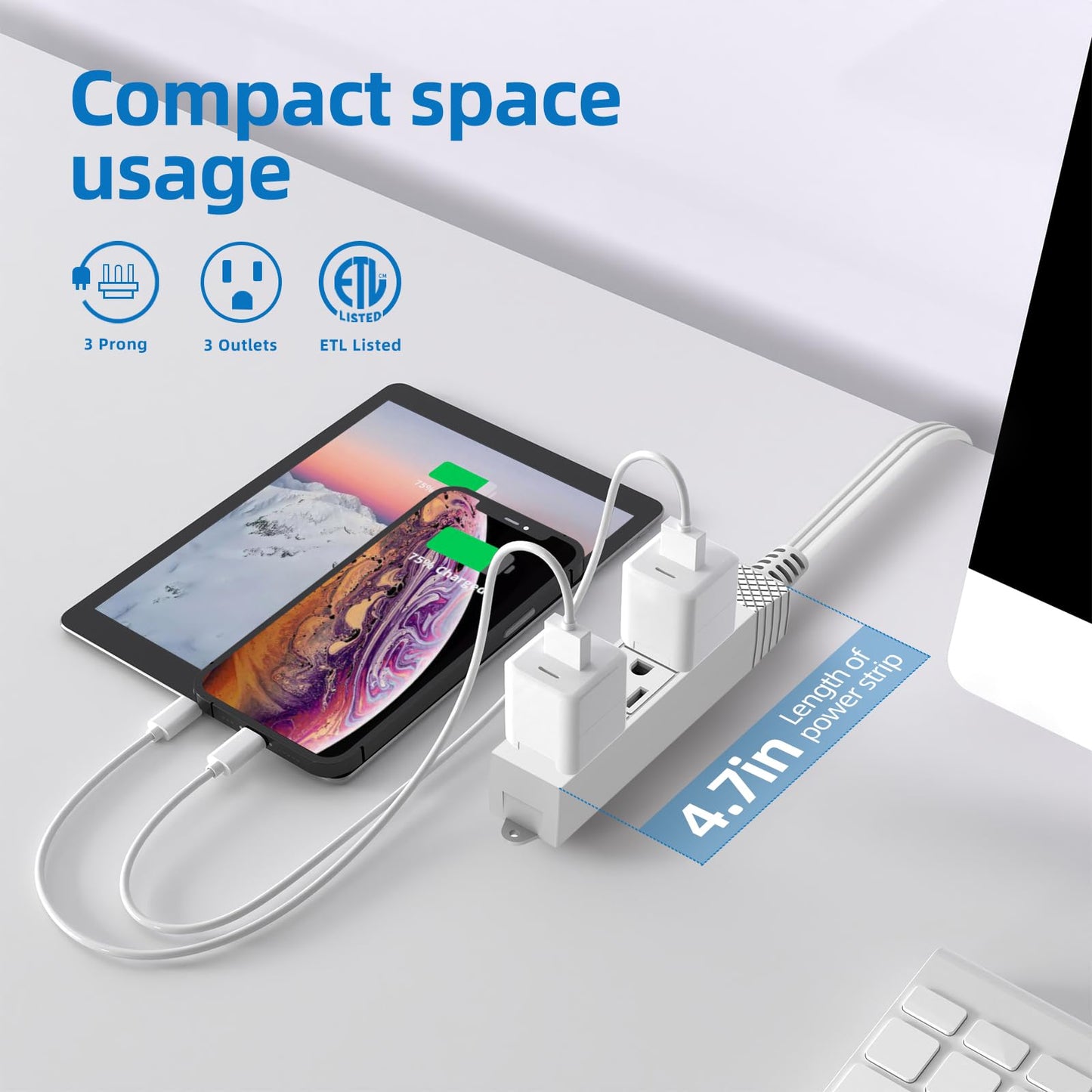 TiFFCOFiO Flat Plug Outlet Strip, 10 Feet Extension Cord 3 Prong, 3 Grounded Outlets with Mounting Holes, 13A/1625W, 16 AWG