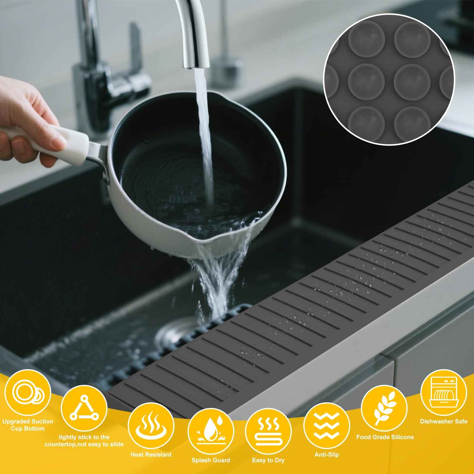 Kitchen Sink Splash Guard, 4 * 24‘’ Sink Edge Protector with Suction Cups, Silicone Faucet Splash Guard & Draining Mat for Kitchen, Bathroom Sink, Steel, Granite, Quartz Countertops (Black)