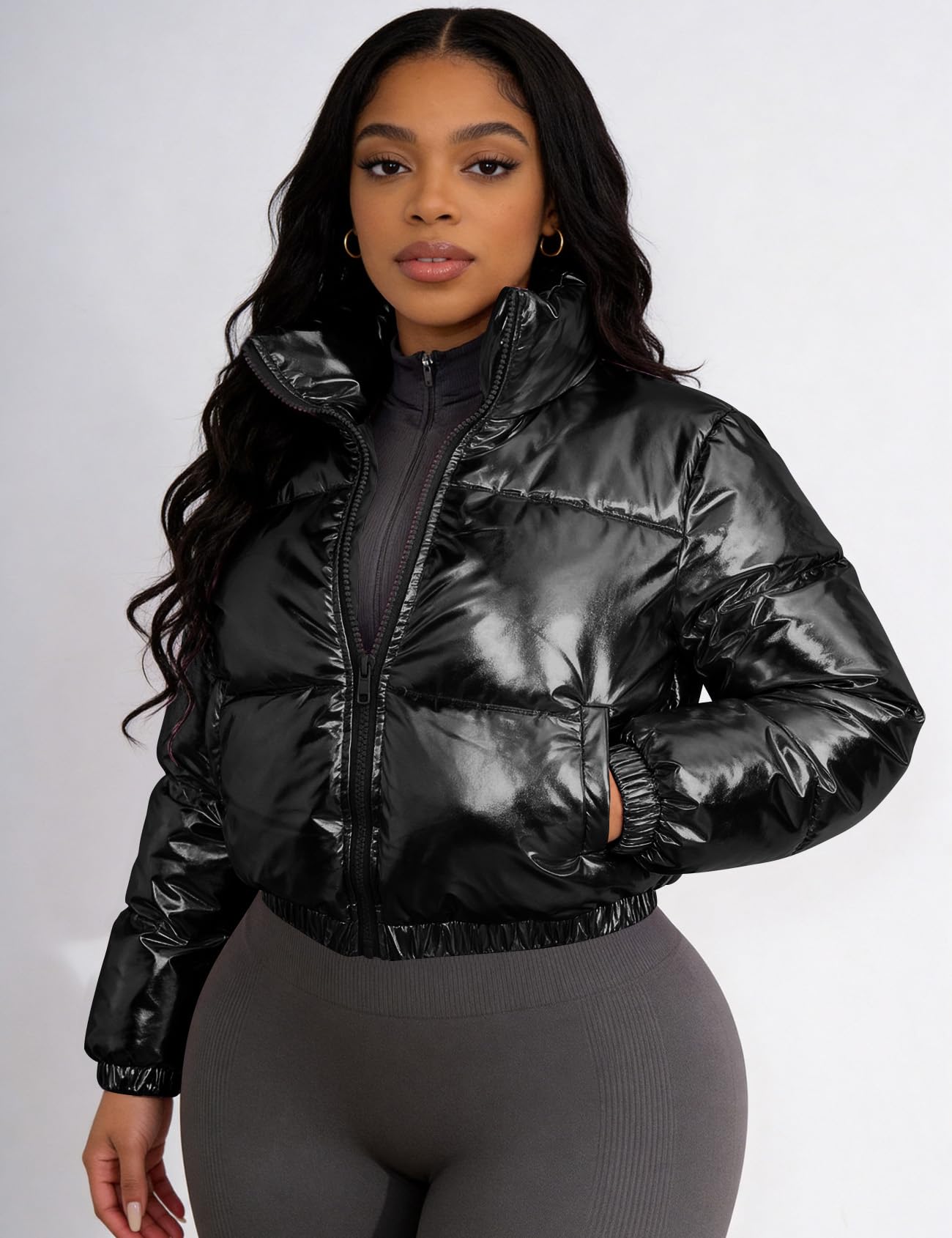 COZYPOIN Women's Metallic Shiny Cropped Puffer Jacket Long Sleeve y2k Zip Up Padded Down Short Coat Outerwear