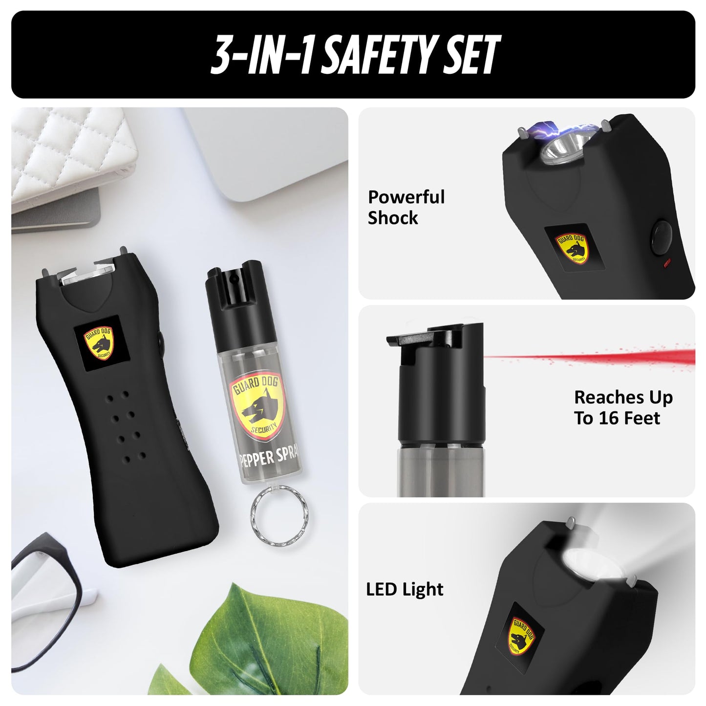 Guard Dog Security Mini Stun Gun Flashlight Rechargeable and Pepper Spray Self Defense Keychain for Women, Stun Gun Flashlight and Pepper Spray Combo, Personal Safety Value Set (Jet Black)
