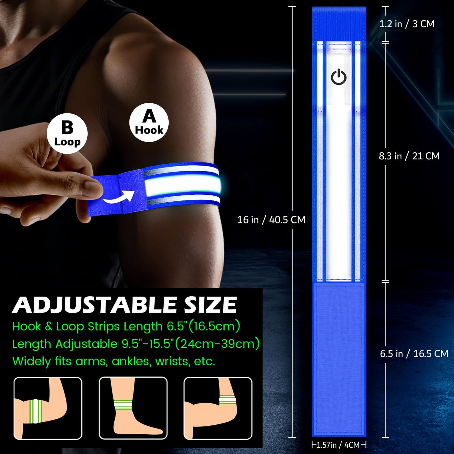 Samlior LED Armband for Running 2 Pack, 5 Colors 3 Lights Modes Rechargeable Reflective Light Up Arm Bands, High Visibility Reflective Gear for Running Walking Cycling at Night (Blue)