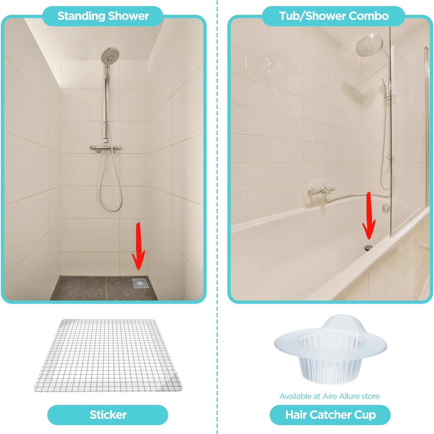 Aire Allure, 25 Pack, Disposable Shower Drain Hair Catcher Mesh Stickers, 6 inch, Square