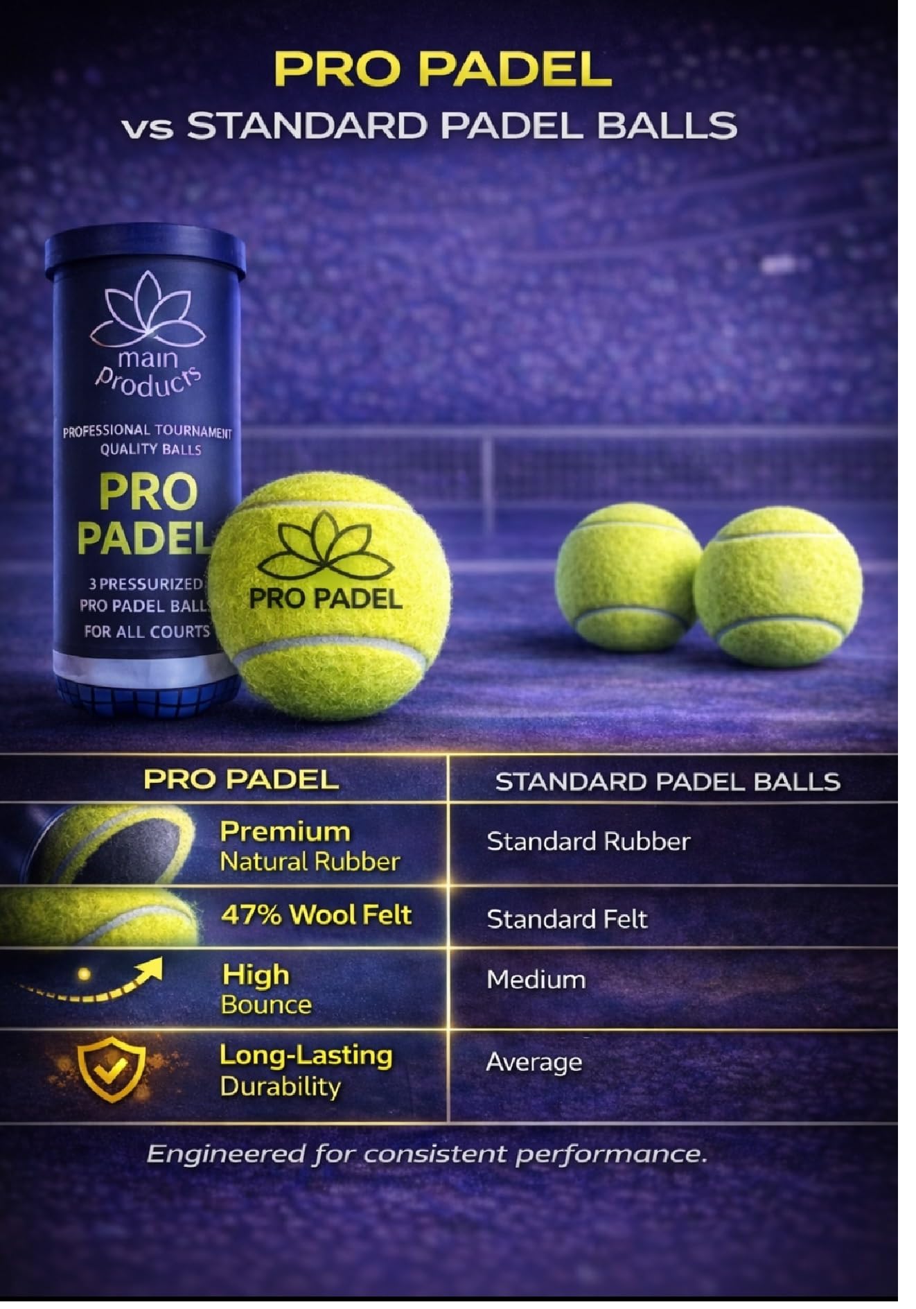 Main Products Pro Padel Balls - 2 Pack (6 Balls) - Pressurized Padel Balls - Premium Natural Rubber Core - 47% Wool Felt - Professional Tournament Quality - Consistent Bounce - for All Courts.