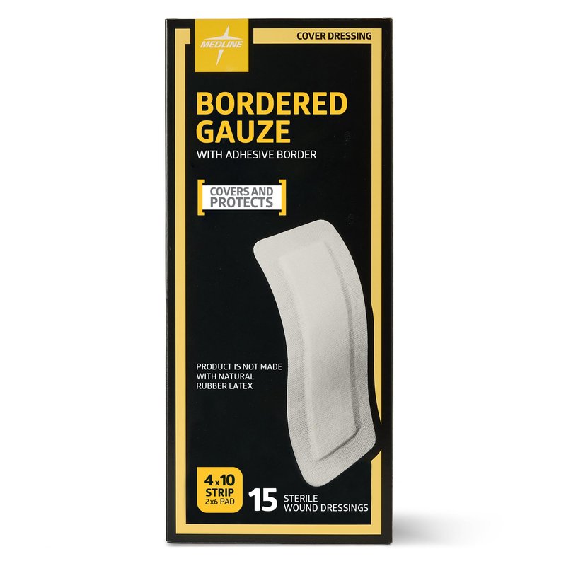 Medline Bordered Gauze, 4" x 10" Adhesive Island Wound Dressing, Sterile, 15 Count