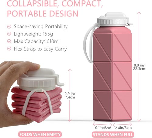 Beautail Collapsible Water Bottle - 20.6oz Silicone Portable & Leakproof for Travel, Camping, Yoga (Pink)
