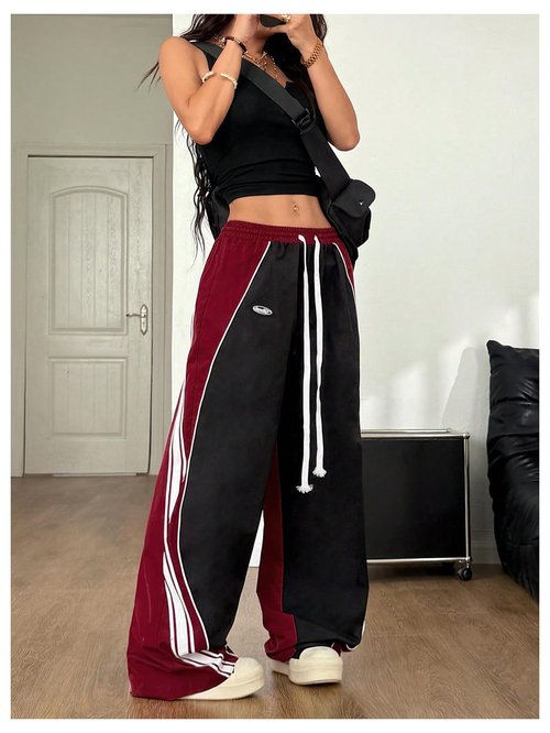 GORGLITTER Women's Baggy Track Pants Y2K Color Block Drawstring Barrel Parachute Pants High Waisted Streetwear Pant Black and Red Small