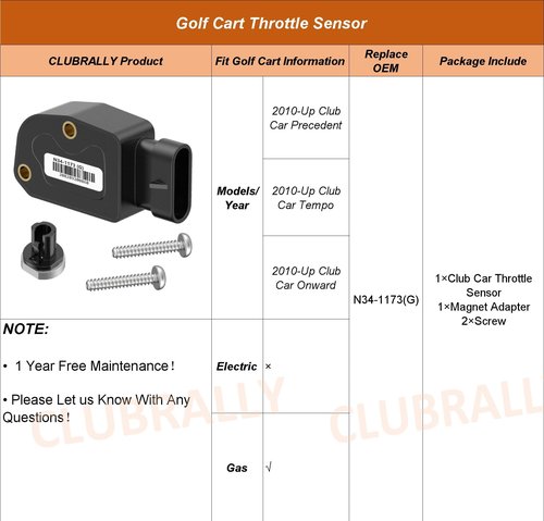 CLUBRALLY Golf Cart Throttle Sensor for 2010-Up Club Car Precedent, Tempo, Onward Gas Models with 2nd Gen Accelerator Pedal Assembly, OEM#N34-1173(G)