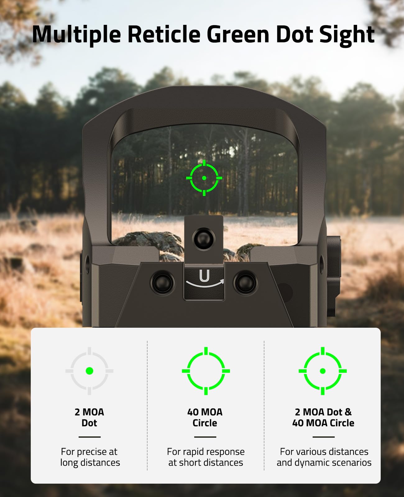 CVLIFE Solar Auto-Brightness Green Dot Sight for RMS RMSc, 2 MOA Dot & 40 MOA Circle Motion Awake Reflex Sight Optics for Compact Pistol, 3000G Shockproof with Adapter for RMR/MOS/Picatinny
