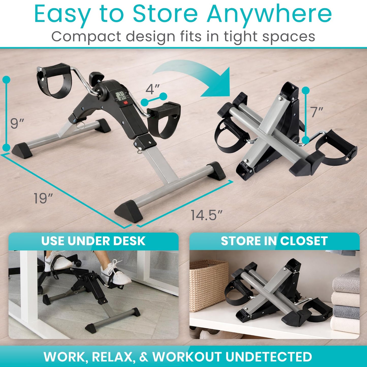 Vive Folding Pedal Exerciser - Under Desk Exercise Bike for Seniors, Elderly - Sit Down Stationary Peddler Equipment for Arm, Leg, Hand, Foot - Mini Floor Bicycle with LCD Display, Adjustable Tension