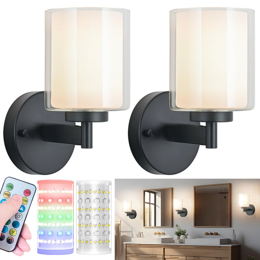 Nekhung Battery Operated Wall Sconce Set of 2, Wireless Wall Sconce with Remote,10000mAh Rechargeable RGB Dimmable Bathroom Light Fixtures with Double Clear Glass Shade NOT Hardwired