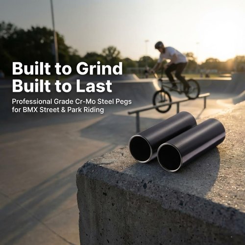 Juscycling Cr-Mo Steel BMX Pegs, Non-Threaded Grinding Pegs, 110mm Length, 38mm Diameter, 14mm Axle Hole with 3/8" Adapter, (Black)