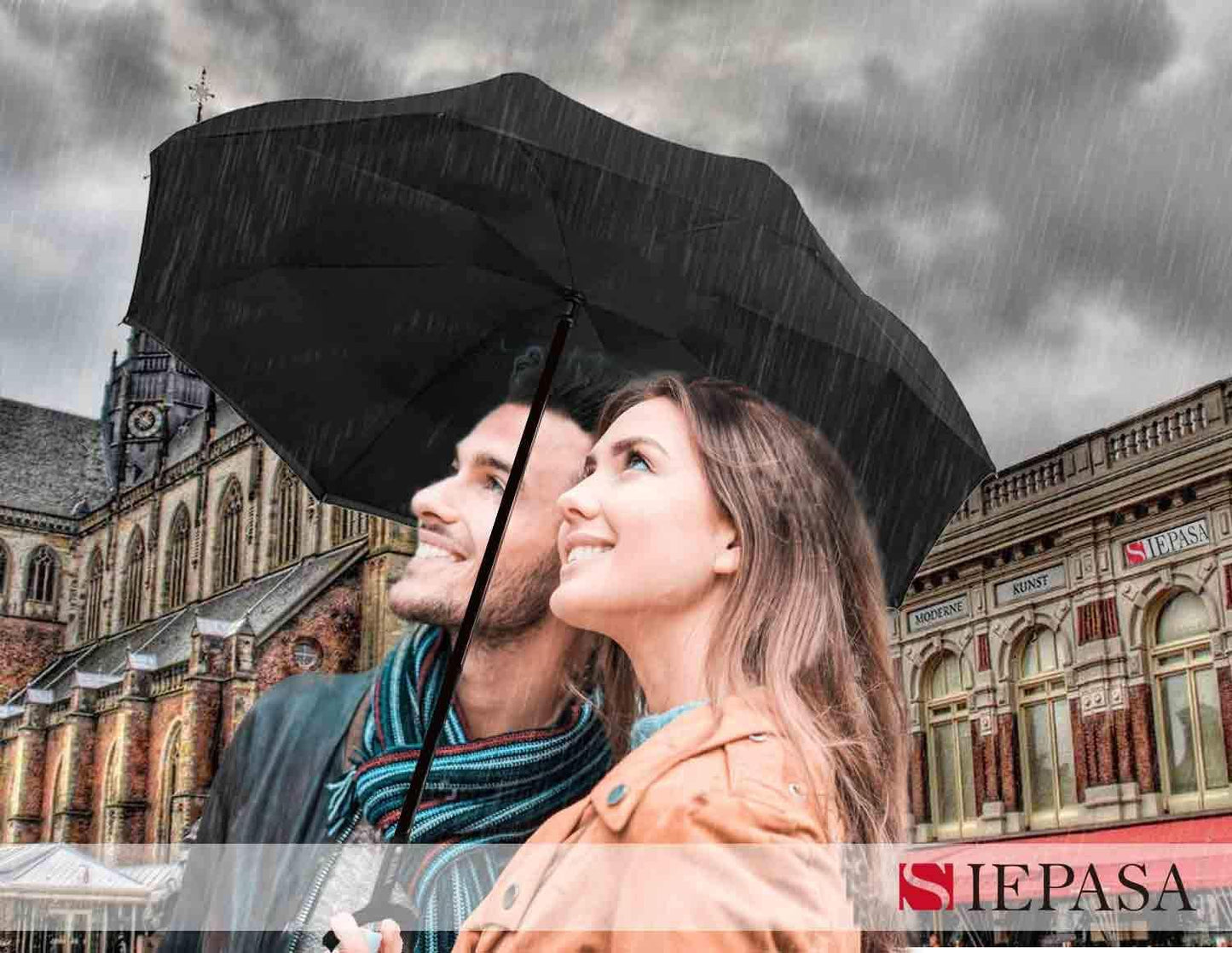SIEPASA Inverted Reverse Umbrella - Extra Large Double Canopy, Windproof & Waterproof | 49/56 Inch C-Shape Handle