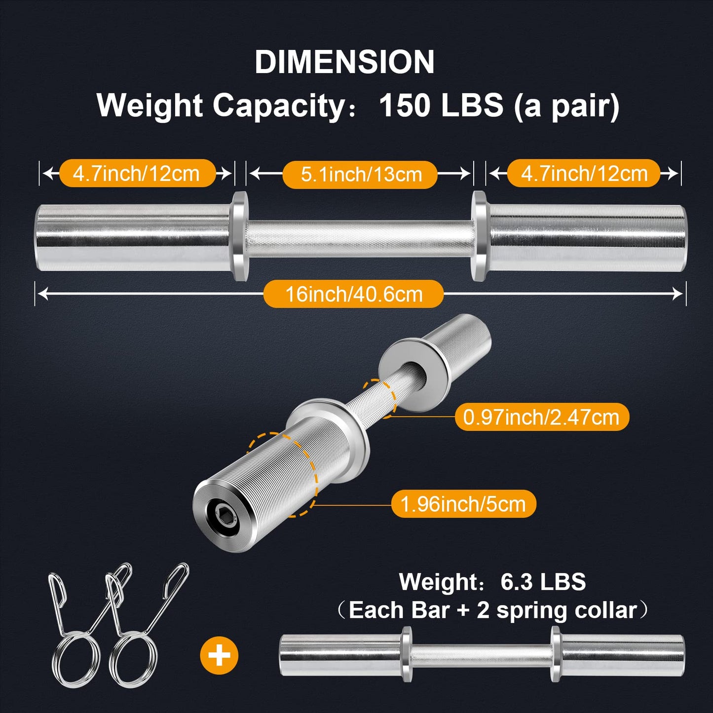 Uboway Olympic Dumbbell Handles: 16" Olympic Dumbbell Bar for 2" Olympic Weight Plates, Loadable Dumbbells with 4 Spring Collars, Home Gym Strength Training
