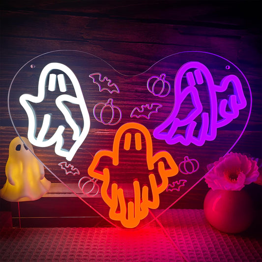 Halloween Neon Nign Ghost Neon Sign for Wall Decor Dimmable Halloween Led Sign Halloween Neon Light Up Sign for Bedroom Kids Room Living Room Halloween Decor