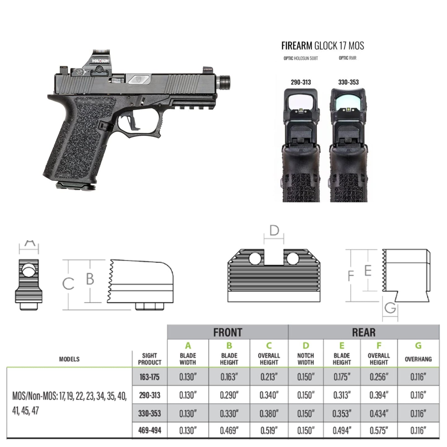 Night Fision Optics Ready Stealth .290-.313 Night Sight Set Compatible with Glock 17/19/34, Black Front Ring, Blank Rear Sight