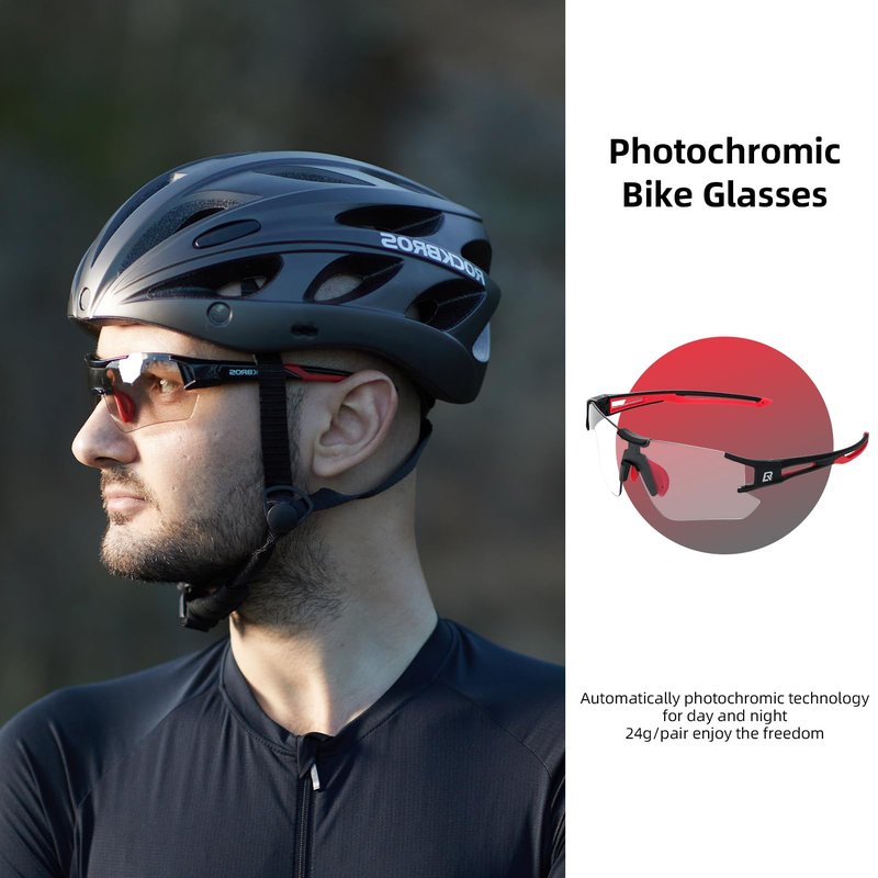 RockBros Cycling Sunglasses Photochromic Bike Glasses for Men Women Sports Goggles UV Protection, Black Red, regular