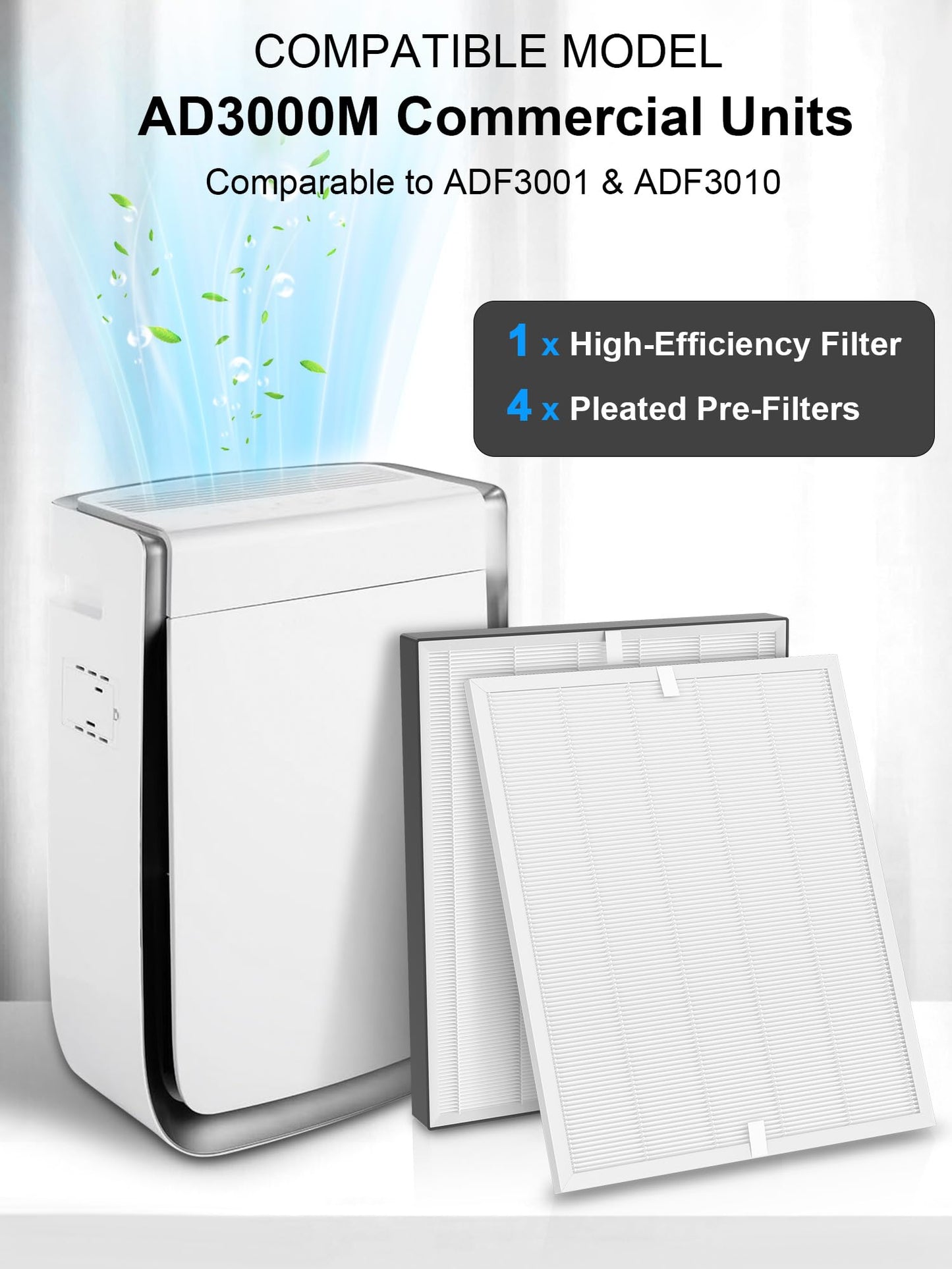 Commercial 3000 Replacement Filters Compatible with Air Doctor AD3000M Commercial Units, Includes 1 High-Efficiency Filter and 4 Pleated Pre-Filters, Comparable to Part # ADF3001 & ADF3010