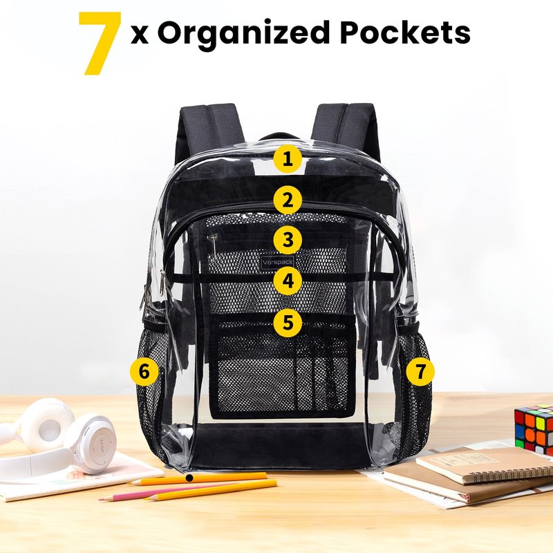 Vorspack Clear Backpack Heavy Duty - Extra Large Clear Book Bag with Multi-pockets See Through Backpack for College Workplace Travel - Black