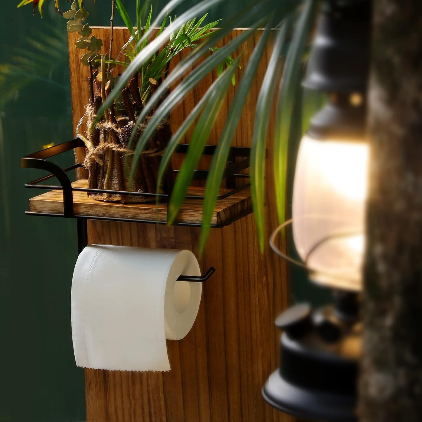 Rustic Farmhouse Toilet Paper Holder - Stylish Shelf for Wipes & Phone | Warm Brown Wood & Black Metal