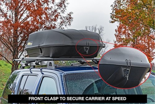 JEGS Rooftop Cargo Carrier for Car Storage - Large Roof Rack Cargo Carrier - Front Hinge/Rear Lock - Rear Opening Weatherproof Storage - Made in USA - 18 Cubic Ft - 110 Lb Capacity - Aero Design