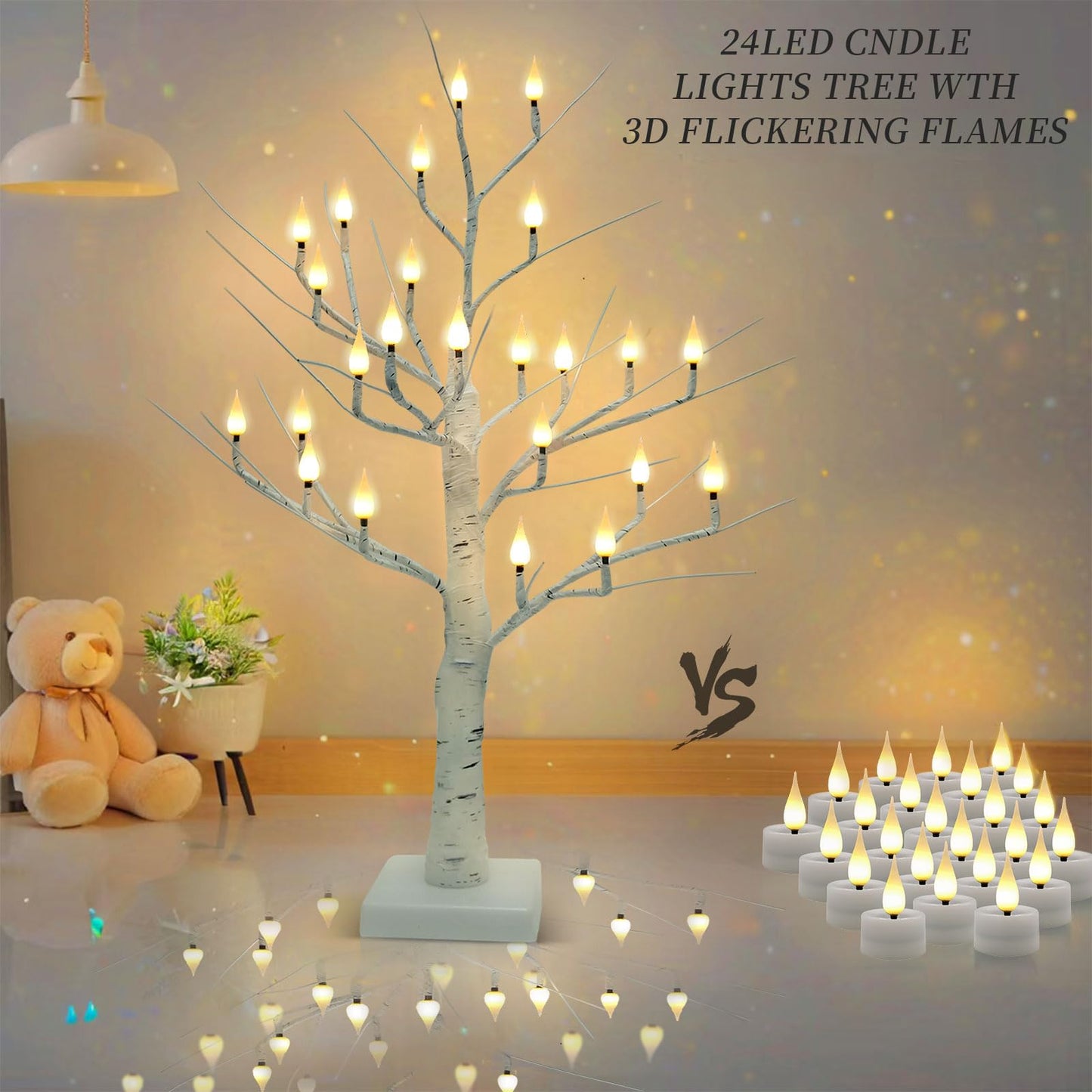 Evicyego 2Ft Lighted Christmas Tree Candles Indoor Decoration, Twinkle Tree with 24LED Flameless Candles Lights, USB/Battery Operated Birch Tree Candles for Home Thanksgiving Christmas Mantel Decor