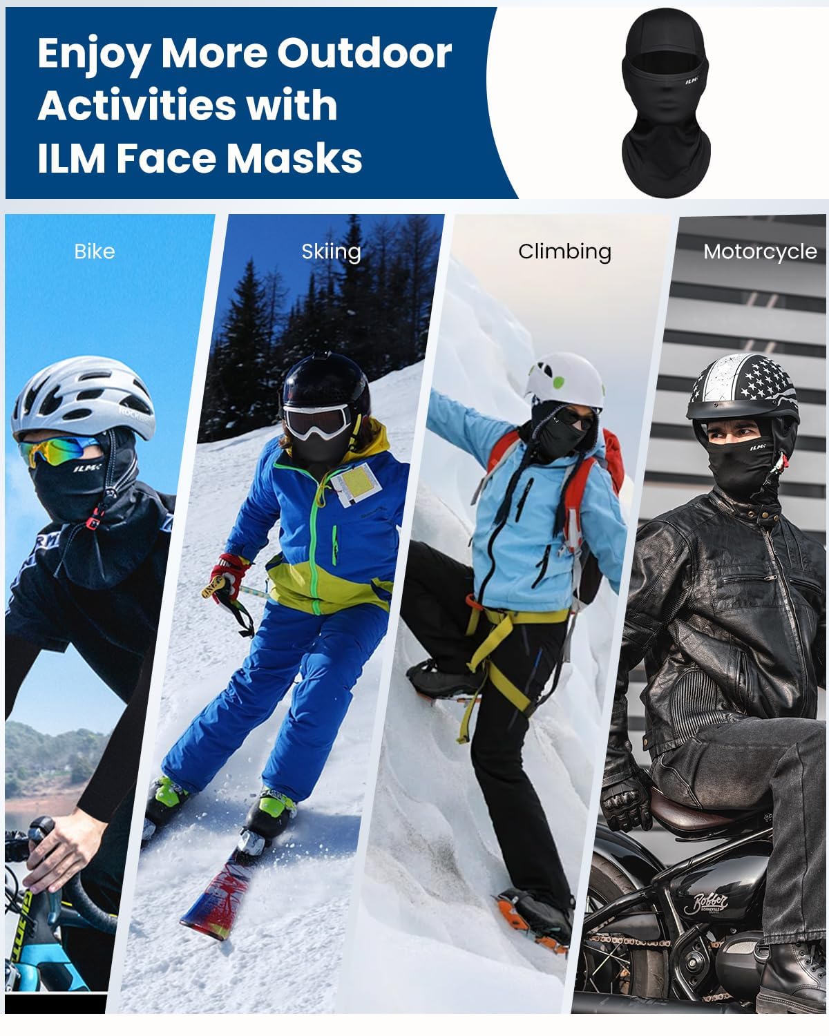 ILM Adult Motorcycle Balaclava Face Mask for Ski Model FM01A Men Women Black