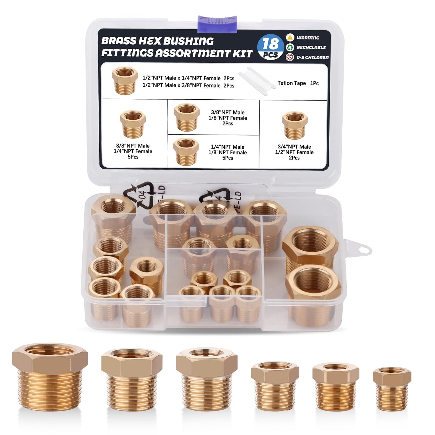 Ailbiuko 18PCS Brass Hex Bushing Fitting Kit,1/4" - 1/8", 3/8" - 1/8",3/8" - 1/4",1/2" - 1/4",1/2" - 3/8",3/4" - 1/2" NPT Pipe Fittings