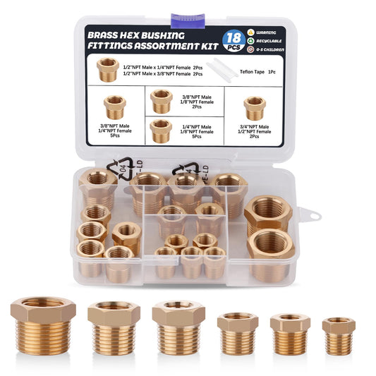 Ailbiuko 18PCS Brass Hex Bushing Fitting Kit,1/4" - 1/8", 3/8" - 1/8",3/8" - 1/4",1/2" - 1/4",1/2" - 3/8",3/4" - 1/2" NPT Pipe Fittings