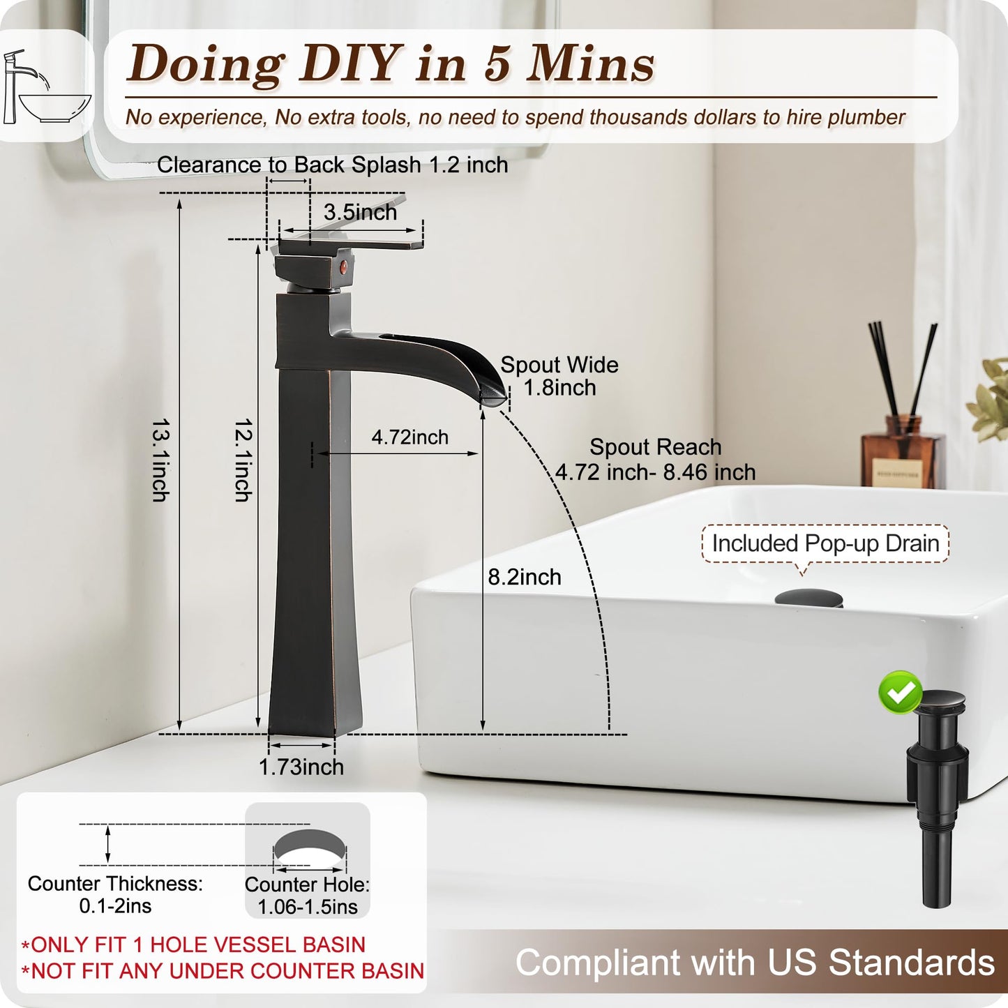 HOIGY Bronze Waterfall Vessel Sink Faucet, Brass 12 Inch Tall Bathroom Faucets Single Hole Single Handle for Bathroom Bowl Sink with Pop-up Drain & Hoses for Vanity Countertop Modern Farmhouse