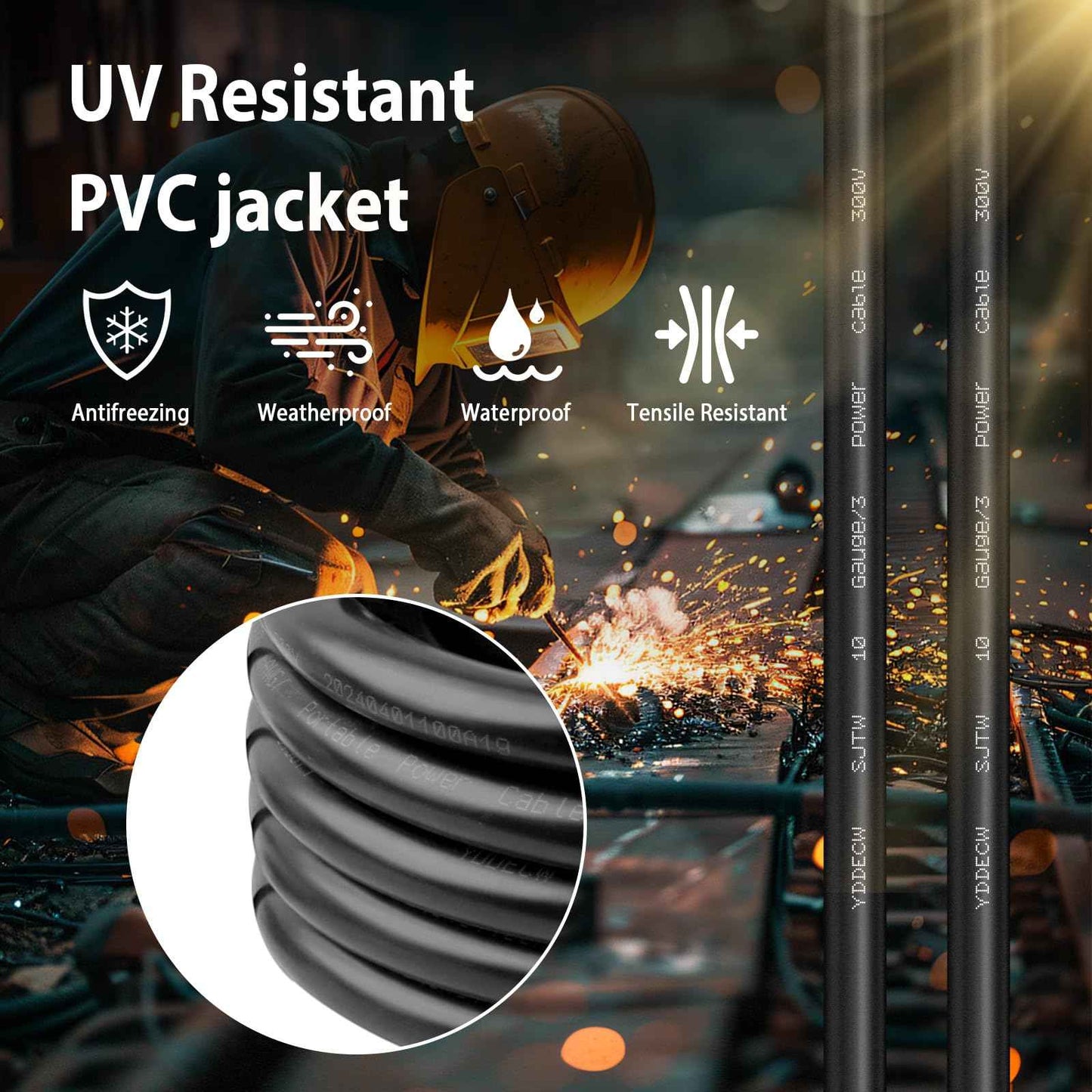 YDDECW 50ft 10/3 10 AWG SJTW 300V Wire (3 Conductor) - 10 Gauge SJTW Cable with UV-Resistant Jacket for Motor Leads, Battery Chargers and Machine - 3 Conductor - 50 Feet Electrical Wire