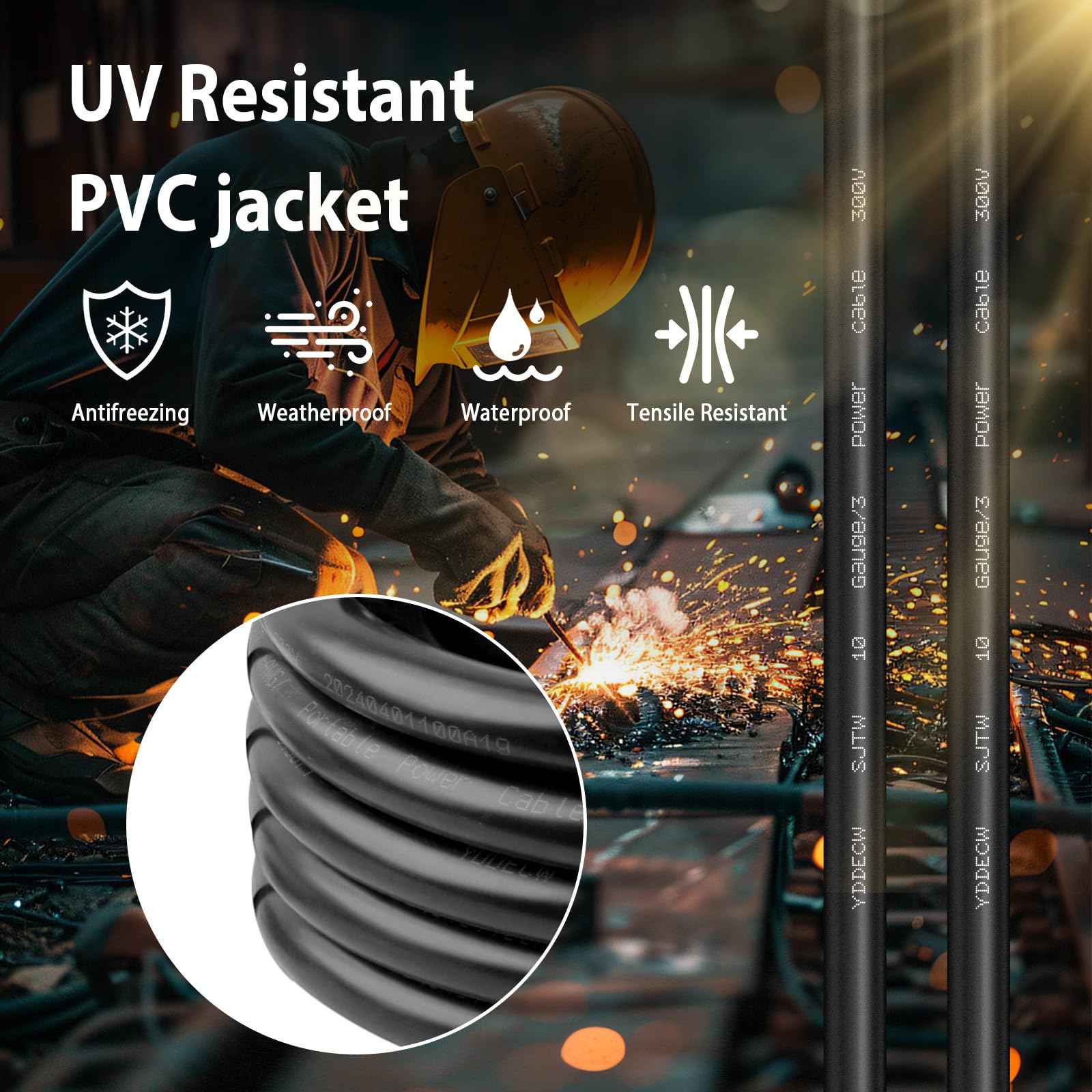 YDDECW 50ft 10/3 10 AWG SJTW 300V Wire (3 Conductor) - 10 Gauge SJTW Cable with UV-Resistant Jacket for Motor Leads, Battery Chargers and Machine - 3 Conductor - 50 Feet Electrical Wire