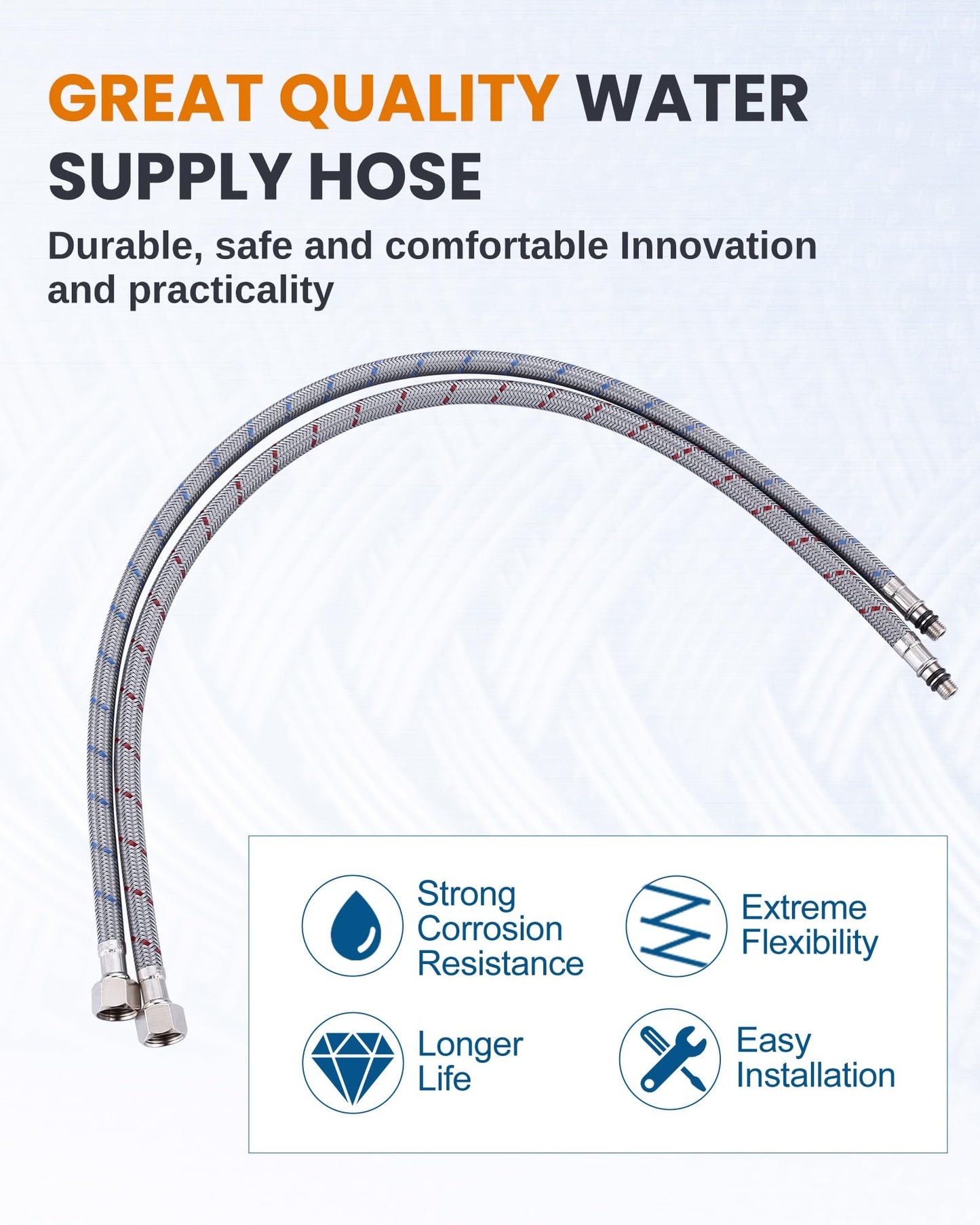 Faucet Supply Lines：WOWOW 16" Length Bathroom Kitchen Faucet Sink Hose with 3/8" Female Compression Thread x M8 Male Connector, Braided Nylon cUPC Water Supply Line 2PCS