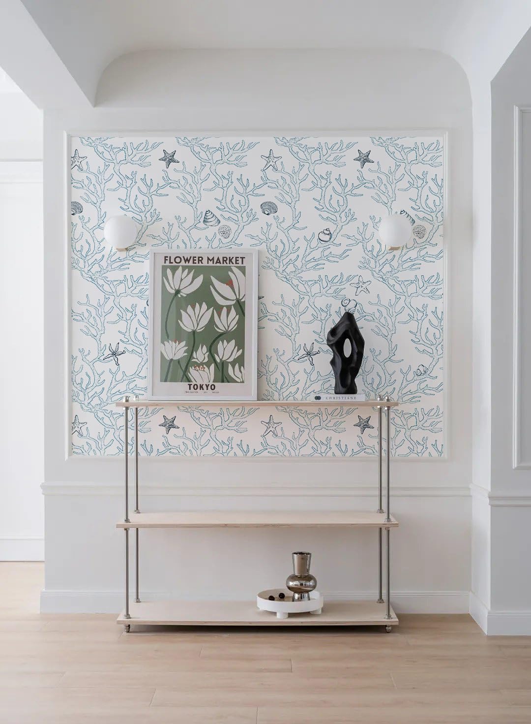 Dviolet Peel and Stick Wallpaper - White and Light Blue Contact Paper - Coral/Seashell/Starfish Pattern - Removable Wallpaper for Kids Room - 17.3"X 118"