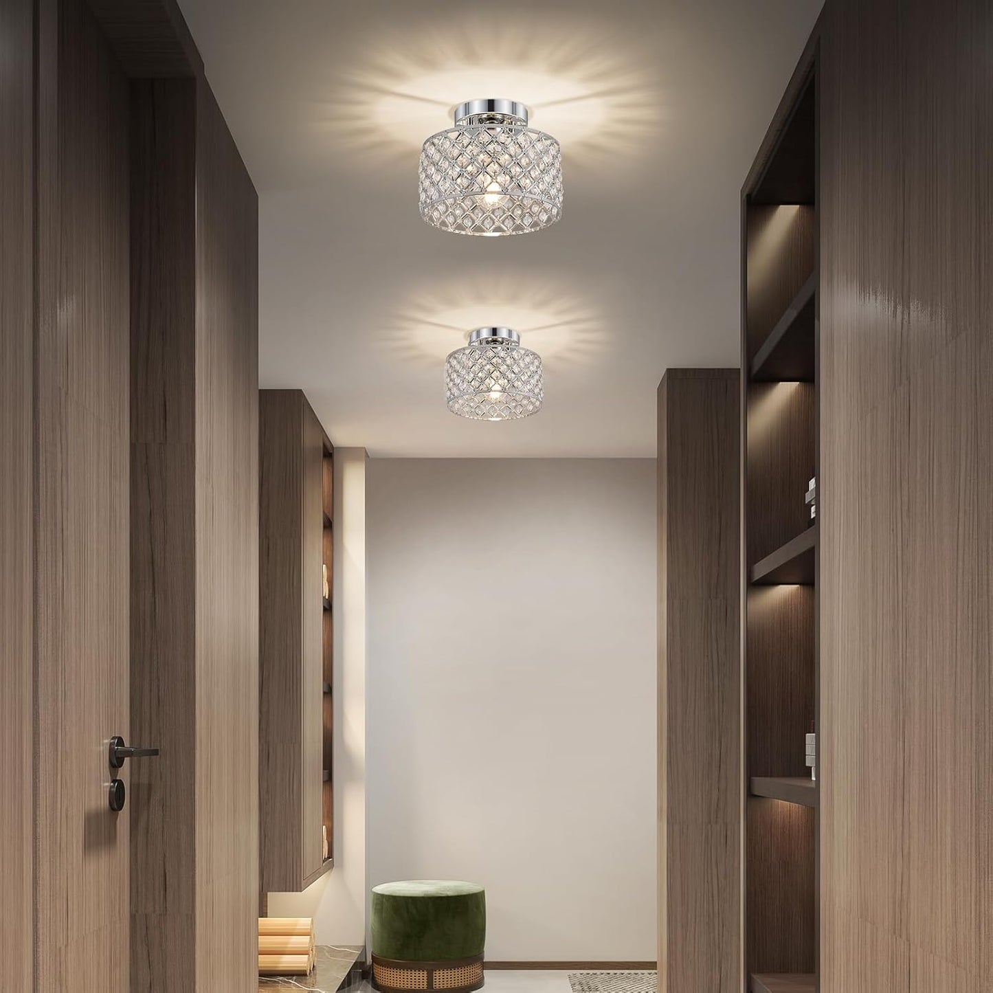 Modern Black Crystal Semi Flush Mount Ceiling Light Fixture - 11.2" Round Chandelier for Dining Room, Hallway, Kitchen & Bedroom