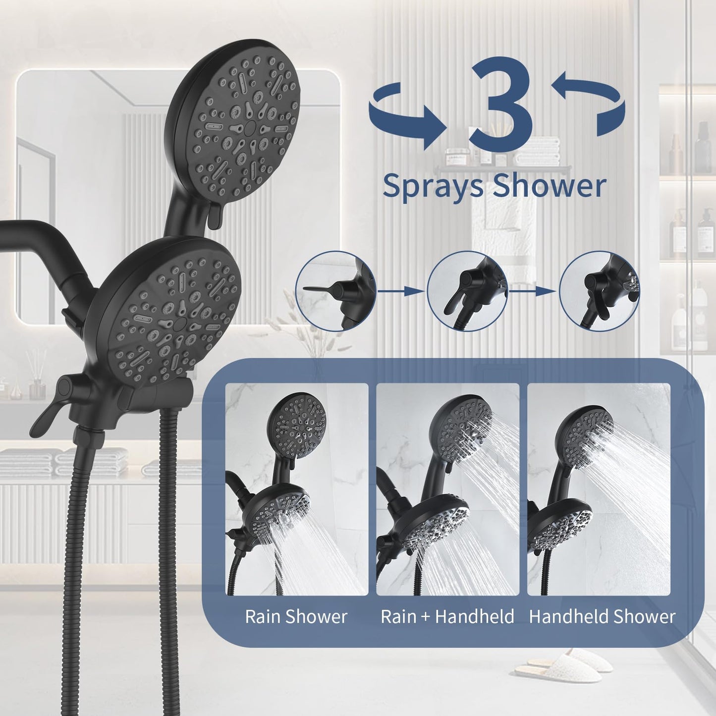 Taplong Tub Shower Faucet Set with Valve,Dual Shower Head and Handheld 2 in 1 Combo Set 3-Way Diverter Tub and Shower Faucet Combo High Pressure Shower Trim Kit,Matte Black,TP038