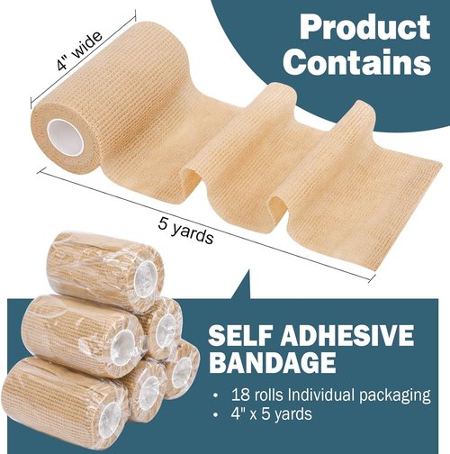 AZEN Self-Adhesive Bandage Wrap - 18 Pack, 4" X 5 Yards, Skin Color Elastic Tape for Athletes & Pets