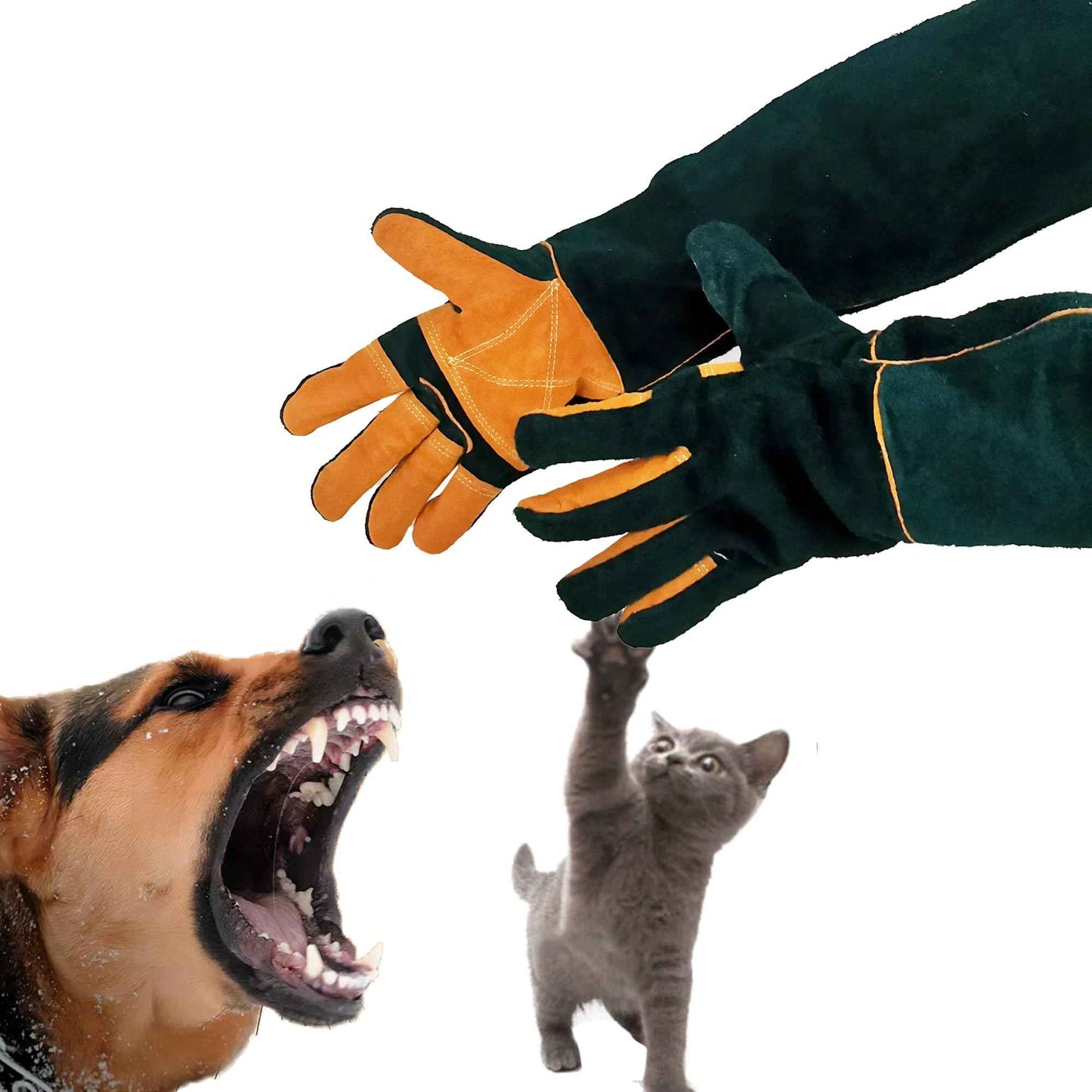 FelRelWel Animal Handling Gloves,23.6" Long Sleeves Gauntlet,Safety Work Glove, Cowhide Leather Anti Bite Glove Confront Pet Cat Bird Bite,Proof Gloves for Dogs Training, Dark Green,1 Pair