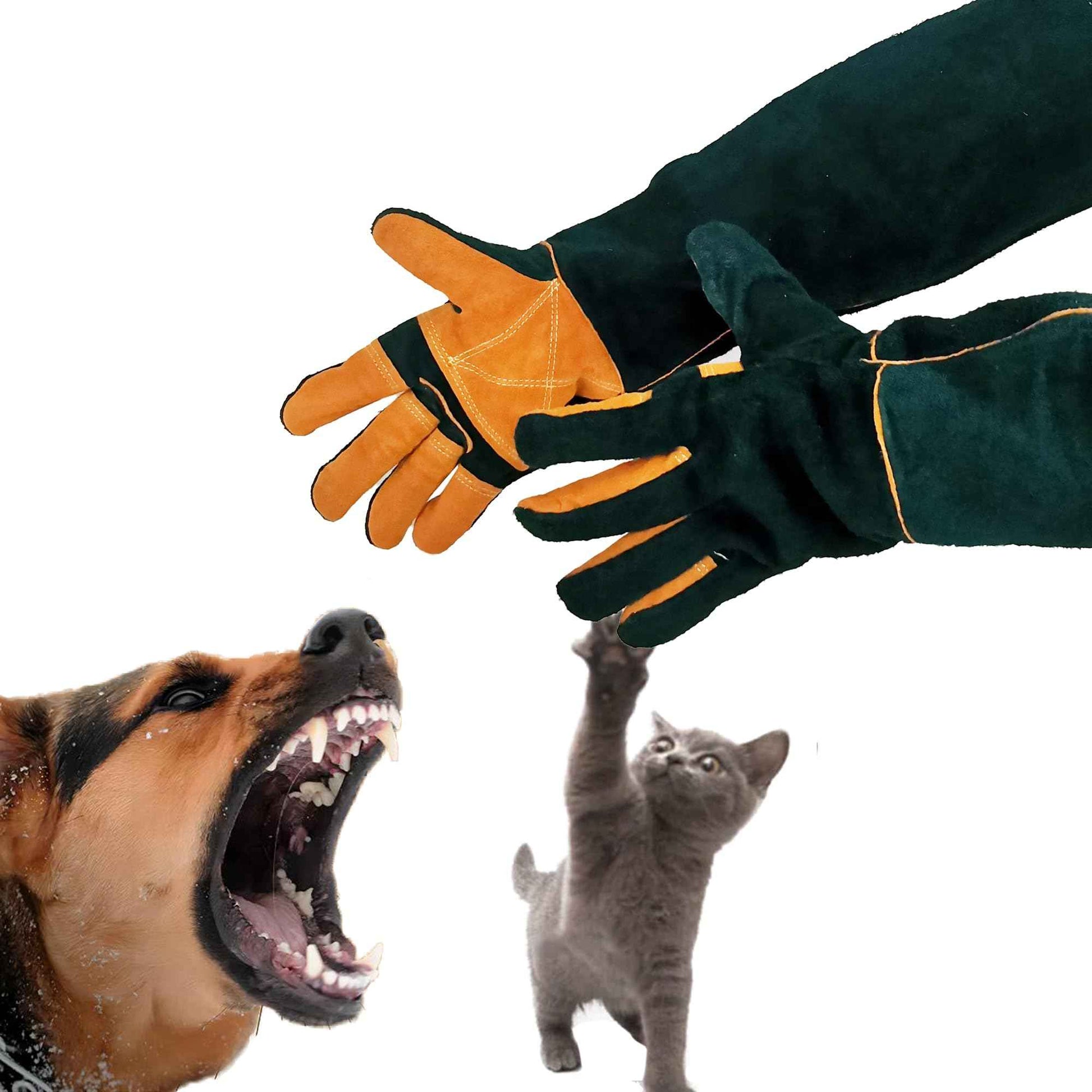 FelRelWel Animal Handling Gloves,23.6" Long Sleeves Gauntlet,Safety Work Glove, Cowhide Leather Anti Bite Glove Confront Pet Cat Bird Bite,Proof Gloves for Dogs Training, Dark Green,1 Pair