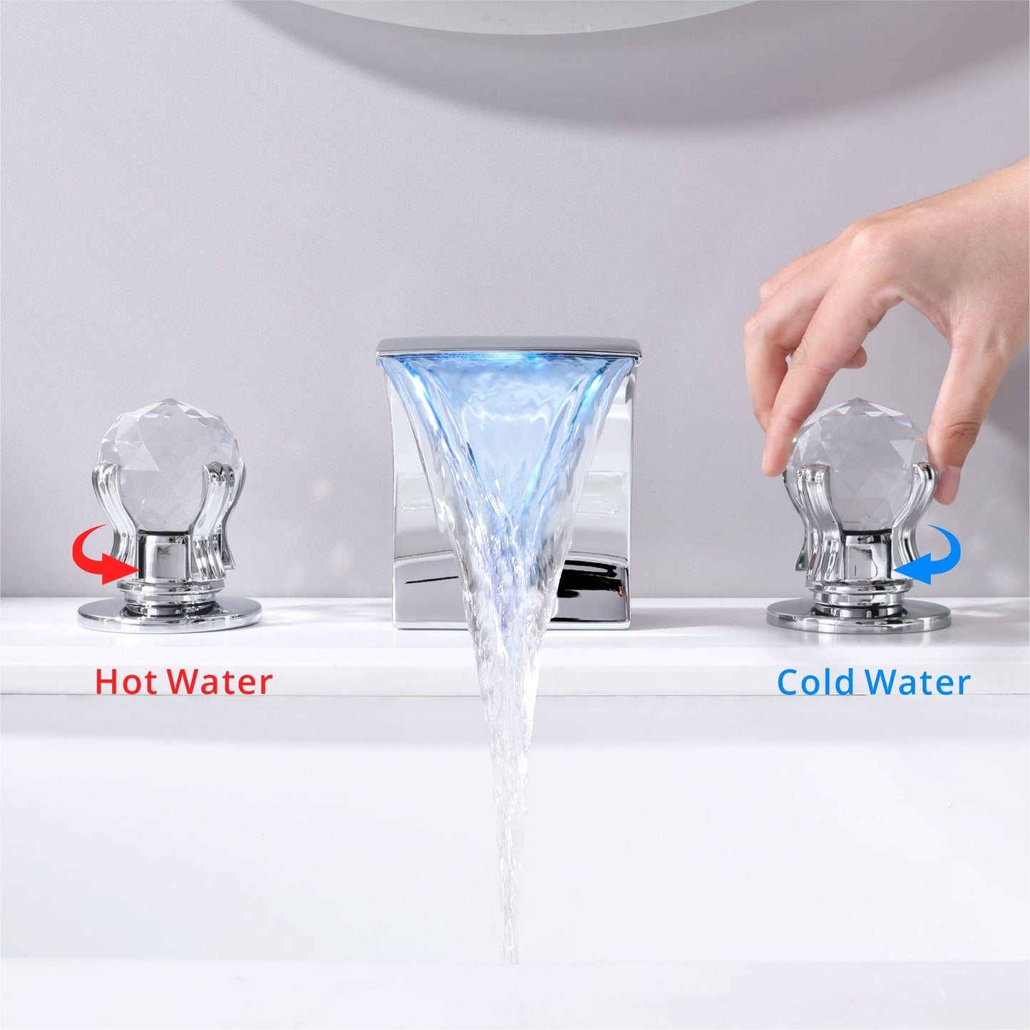 DOLGABA LED Bathroom Faucet 3 Hole Chrome Waterfall Bathroom Sink Faucet with Light, 8 Inch Widespread Modern Vanity Tap with 2 Crystal Handles and Water Supply Hoses