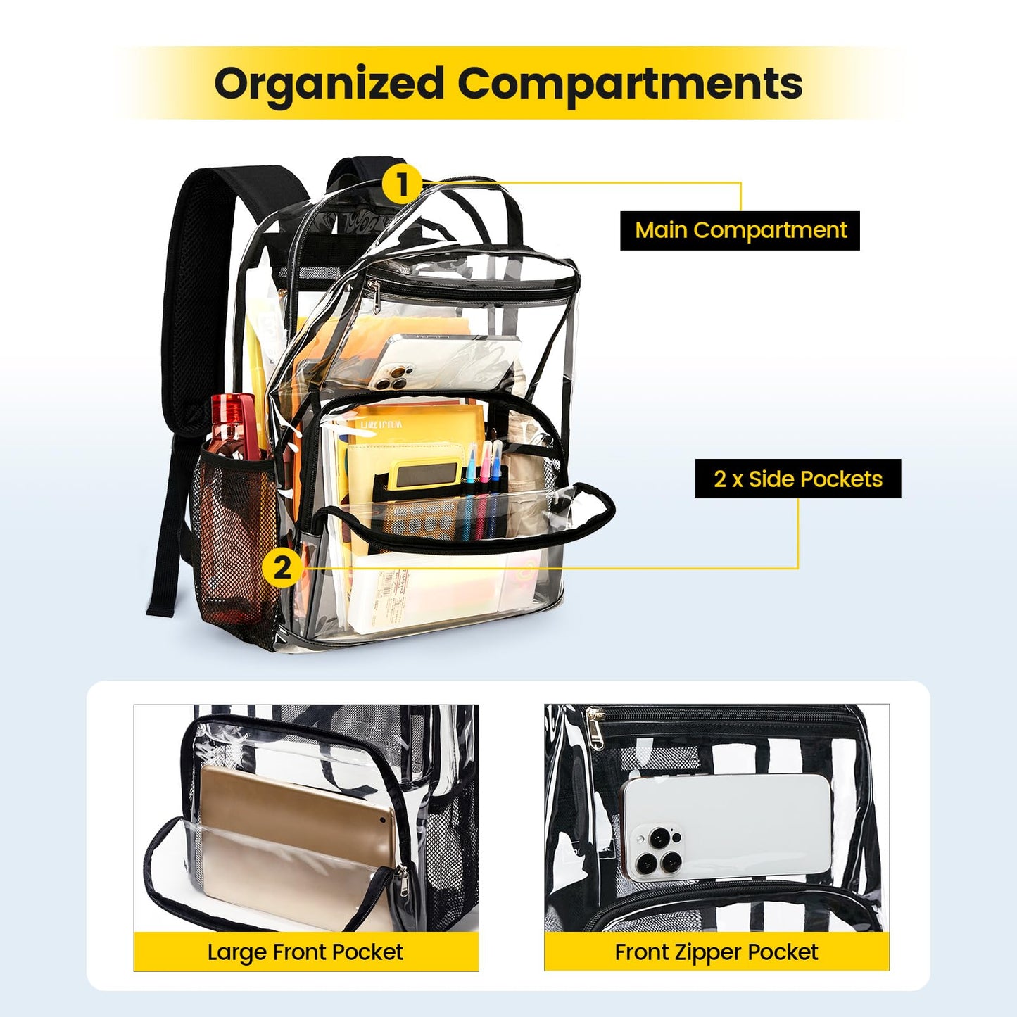 Vorspack Clear Backpack Heavy Duty - Large Transparent Bookbag for Adults, See Through Backpack for College, Work, Travel - Black