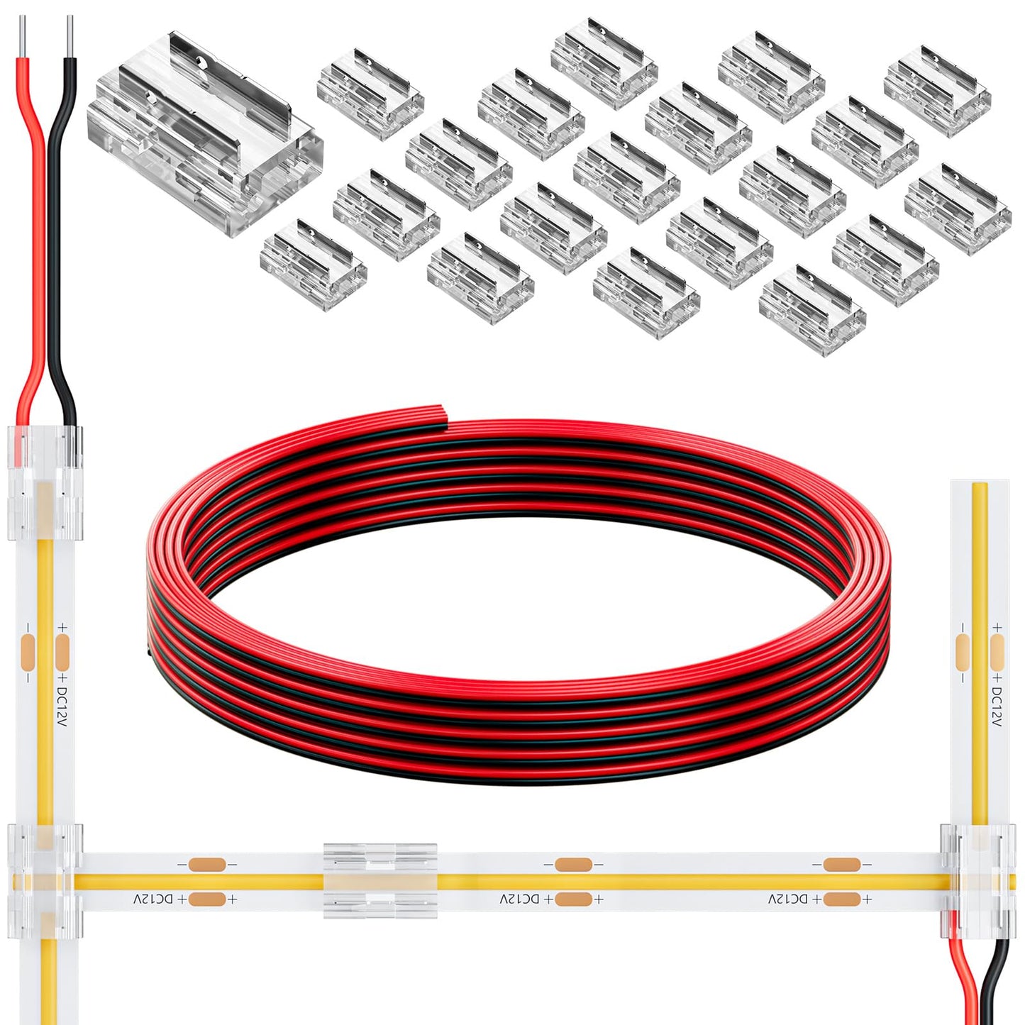 DEIGCYU 20 Pack 8-in-1 LED Strip Connectors with 6.6FT (2m) 20AWG Wires, for 8mm 2-Pin COB/SMD 2835/3528 LED Strips – Straight, Corner, Strip-to-Strip & Strip-to-Wire