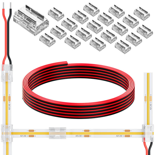 DEIGCYU 20 Pack 8-in-1 LED Strip Connectors with 6.6FT (2m) 20AWG Wires, for 8mm 2-Pin COB/SMD 2835/3528 LED Strips – Straight, Corner, Strip-to-Strip & Strip-to-Wire