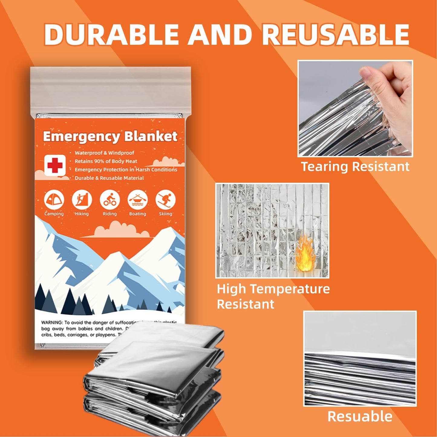 Phafaloop 50 Pack Emergency Thermal Blanket Survival, Mylar Blankets for Outdoor, Space Blanket, Silver Foil for Survival, Survival Kit Camping Blankets, Body Warmer, First Aid, Hiking 84” x 52”