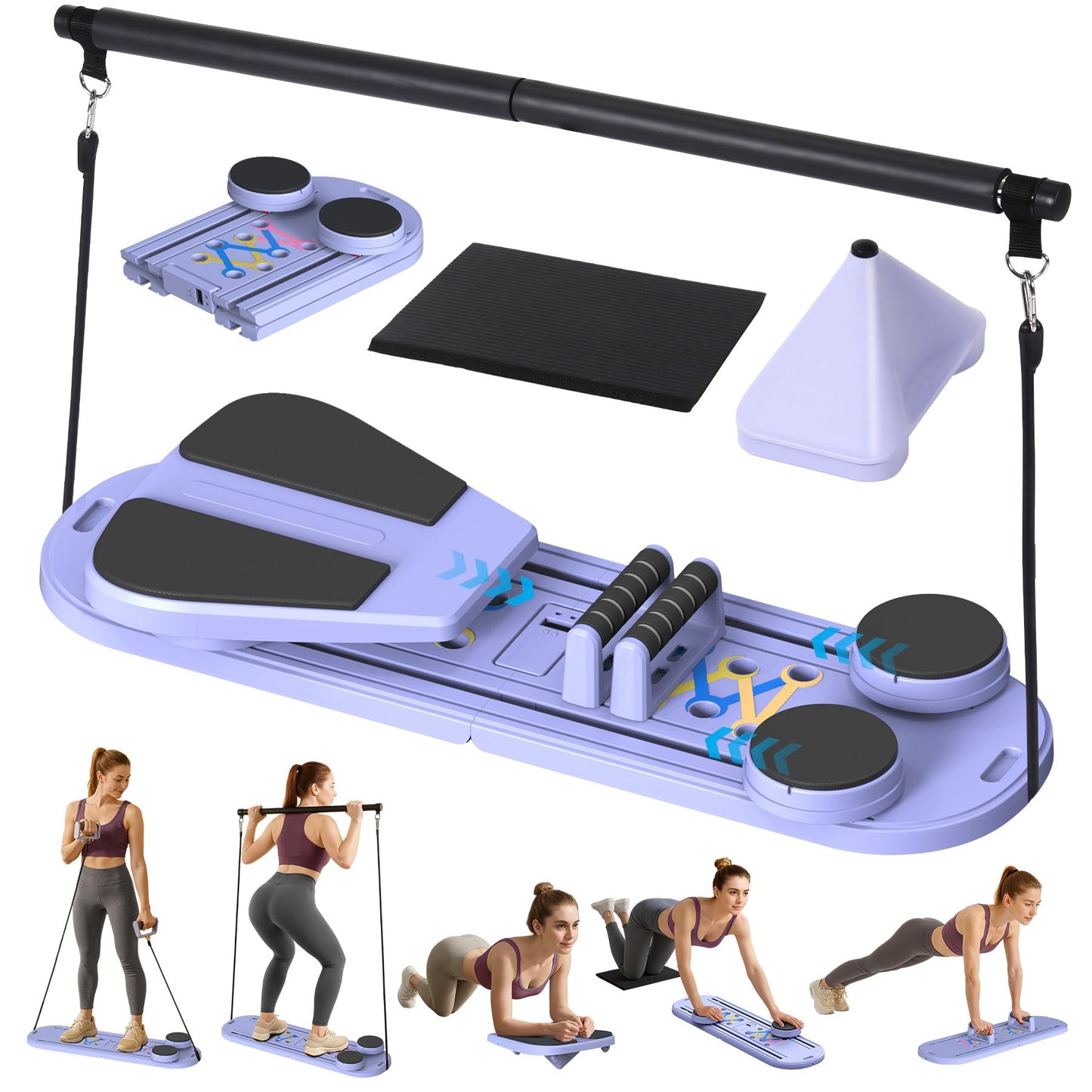 Pilates Board, Pilates Board for Home Workout, 7-in-1 Multifunctional Pilates Reformer Set with Timer, Portable Foldable Equipment for Women, Core Strength & Ab Flexibility Training