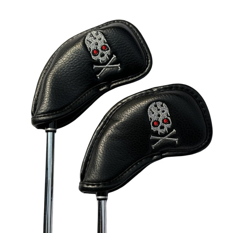 Premium PU Leather Golf Headcovers Set - 10pcs Skull Skeleton Iron Headcovers #3-9, PW, SW, AW - Black Club Protective Case