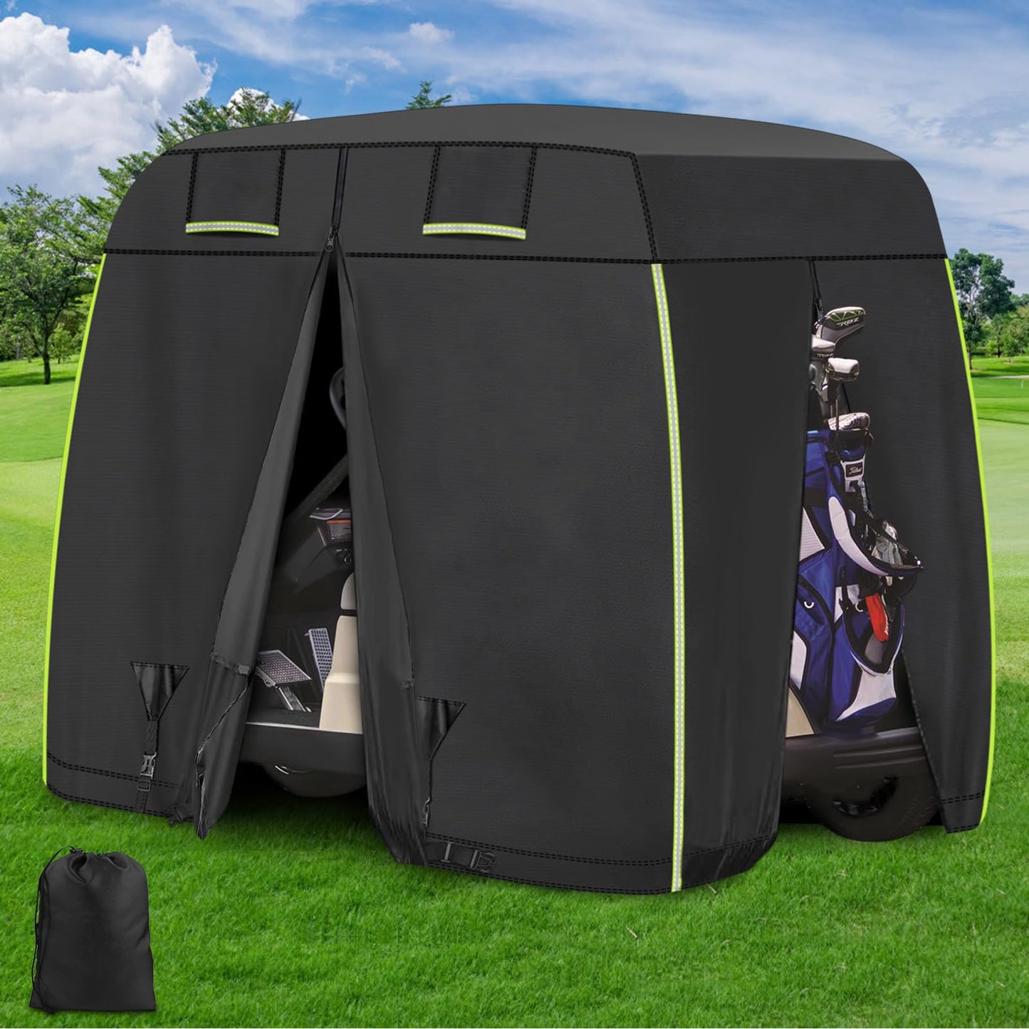 Golf Cart Cover 4 Passenger for EZGO, Club Car, Yamaha, iCON Golf Cart, 600d Oxford with Reflective Strips Golf Cart Covers, Rainproof Windproof, Dustproof Golf Cart Cover 2/4 Passenger 600D Black