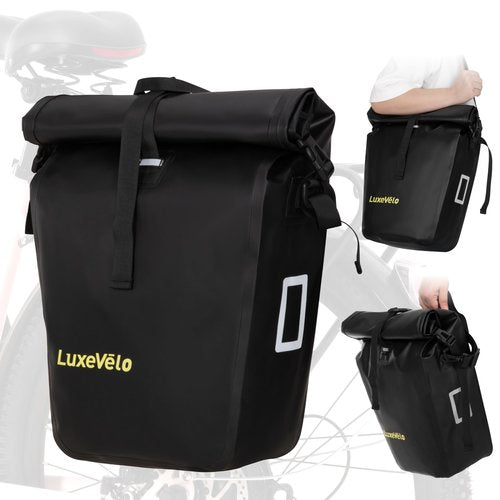 LUXECYCLES Bike Pannier Bag 27L Waterproof Bicycle Rear Rack Bag, Large Capacity Expandable Cargo Rack Bag with Reflective Strips, Adjustable Buckles for Cycling Traveling Commuting